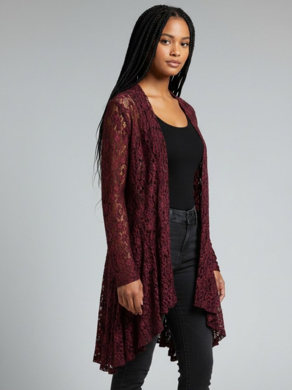 NWT Ladies Long Sleeve Burgundy Lace Crochet Jacket Duster by Surrealist